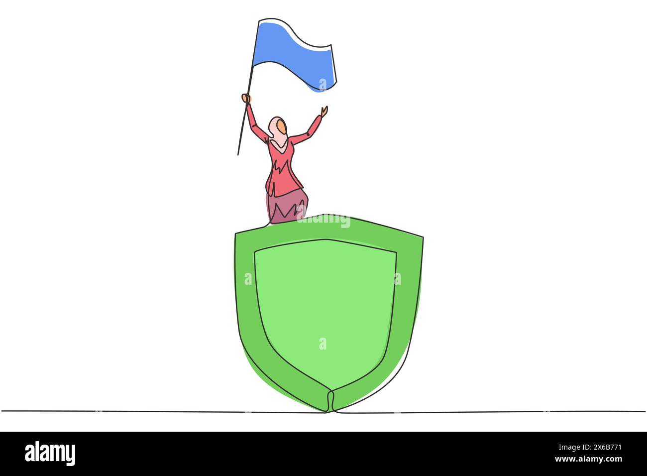 Un unico disegno continuo di una giovane donna d'affari araba in piedi su uno scudo gigante che innalza la bandiera. Uomo d'affari della sicurezza di rete che celebra una nuova cooperativa Illustrazione Vettoriale