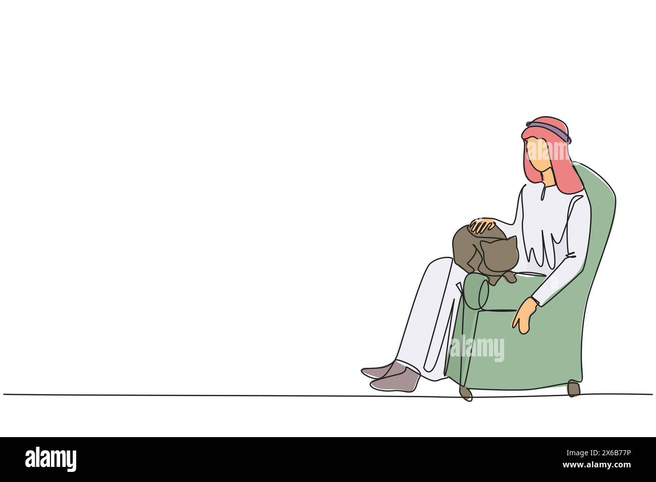 Un solo disegno di un giovane arabo seduto sul divano che abbraccia il gatto sulla coscia. Un giovane che ama molto il suo animale domestico. Accarezzare la c Illustrazione Vettoriale
