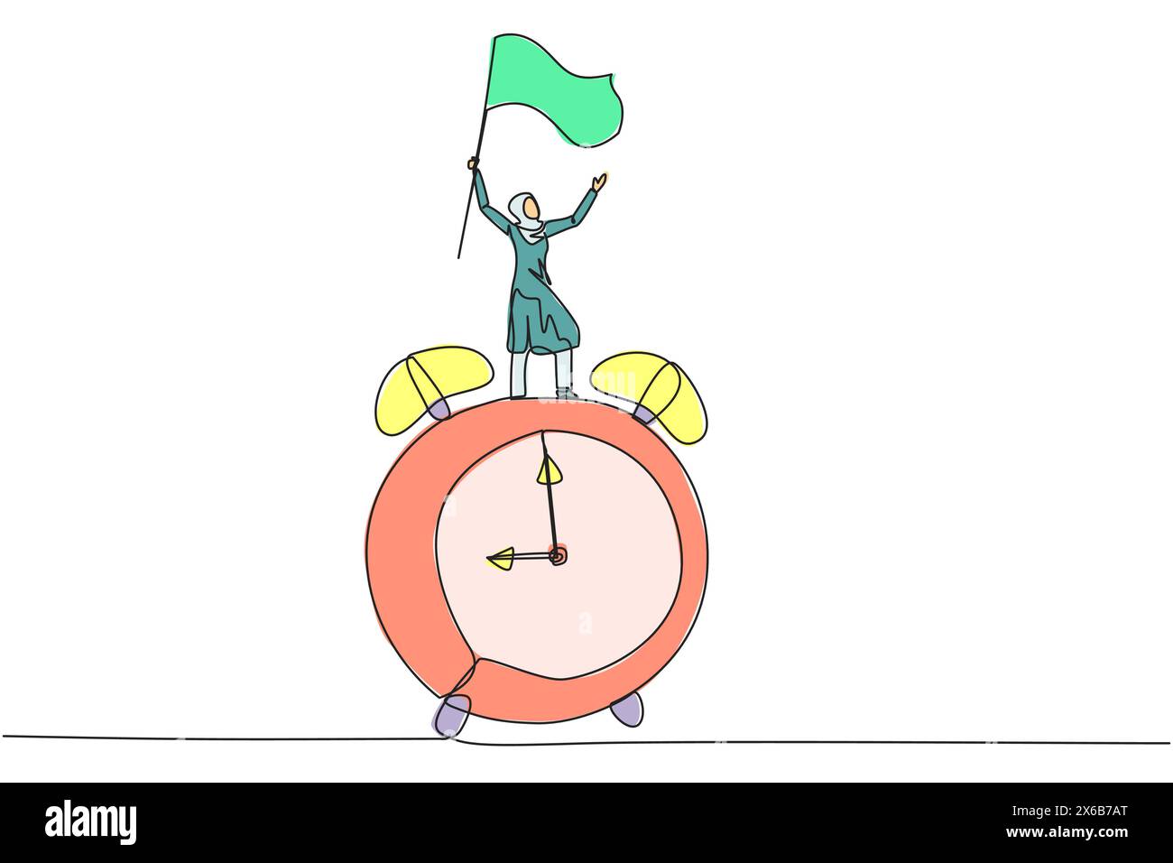 Un unico disegno continuo di una giovane donna d'affari araba in piedi su una sveglia gigante che innalza la bandiera in mano. Godetevi il successo aziendale quando il Illustrazione Vettoriale