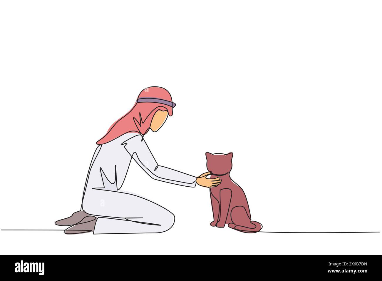 Continuo disegno su una linea di giovane energico uomo arabo che abbraccia un gatto. Mentre si inginocchiava, mise il suo carino gatto sul pavimento mentre si nutriva. Animale Illustrazione Vettoriale