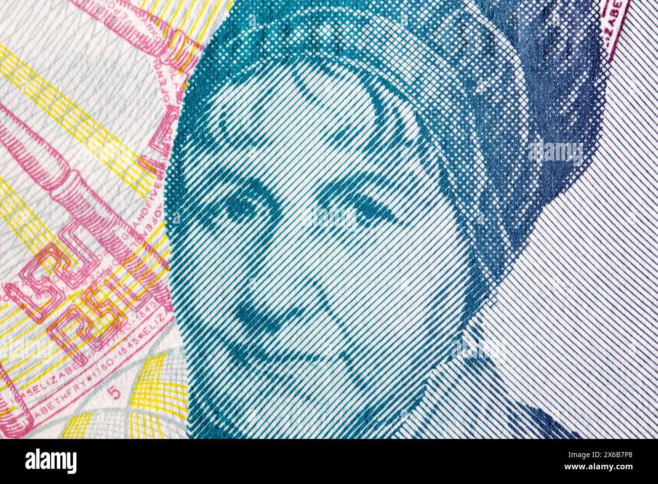 Elizabeth Fry un ritratto di primo piano da soldi inglesi - sterlina Foto Stock