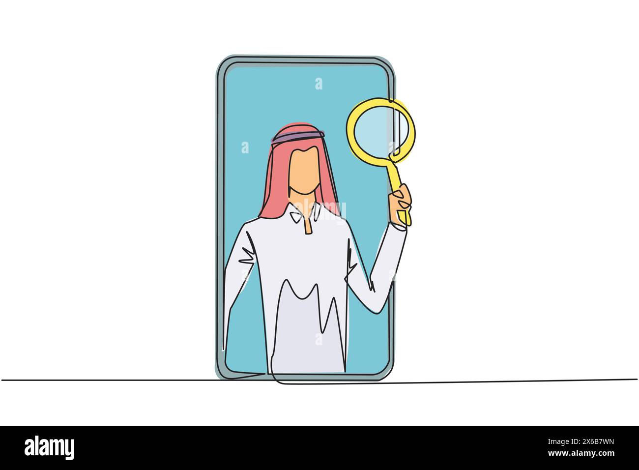 Un uomo d'affari arabo che disegnava una linea continua è uscito dallo schermo dello smartphone con lente di ingrandimento. Utilizzo della tecnologia Internet sugli smartphone per la promozione Illustrazione Vettoriale