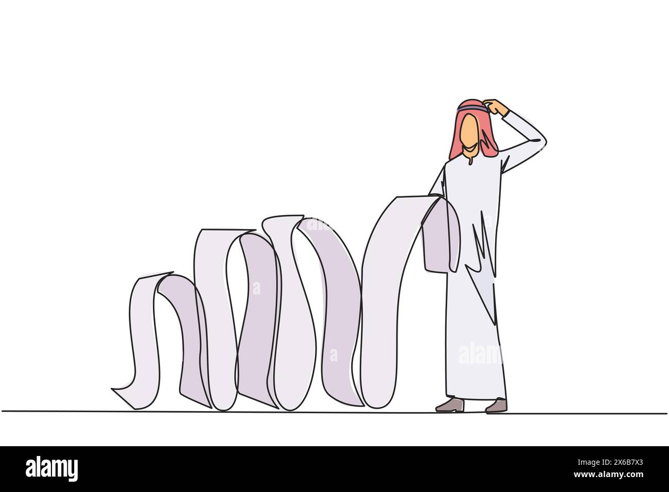 Un unico disegno continuo di un uomo d'affari arabo che tiene una lunga carta per la fatturazione appesa al pavimento, una delle sue mani graffiava la testa. Confuso come farlo Illustrazione Vettoriale