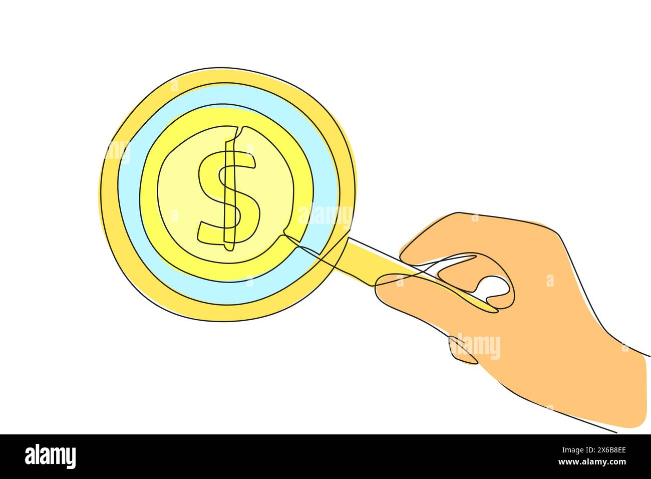Un disegno a linea continua di una grande lente d'ingrandimento mette in evidenza una moneta da un dollaro. Raccogliere monete per moneta, innovazione nel business per guadagnare Illustrazione Vettoriale