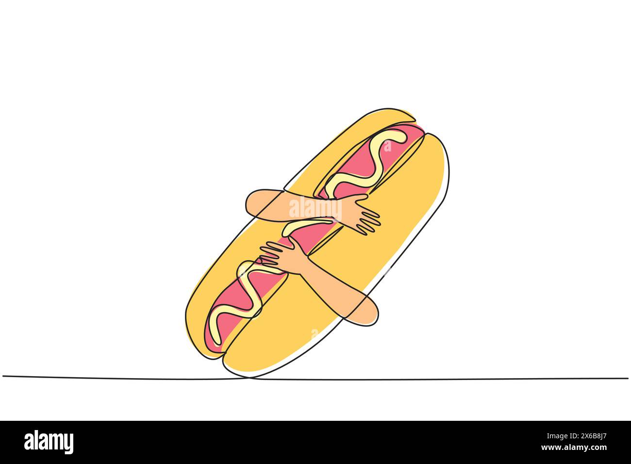 Linea singola continua per disegnare le mani che abbracciano l'hot dog. Le salsicce lunghe cotte vengono servite con panini e poi condite con pezzi di lattuga, pomodoro, oni Illustrazione Vettoriale