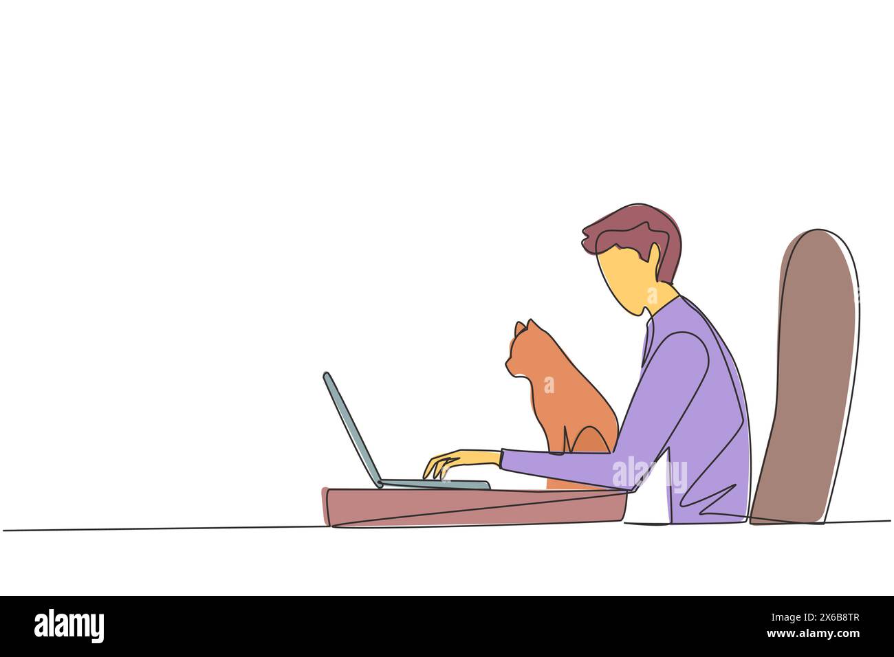 Disegno continuo su una linea di giovane uomo energico seduto mentre digita sul computer portatile. Abbracciare un gatto mentre si fanno i compiti. Uomo felice che accarezza gatto Illustrazione Vettoriale