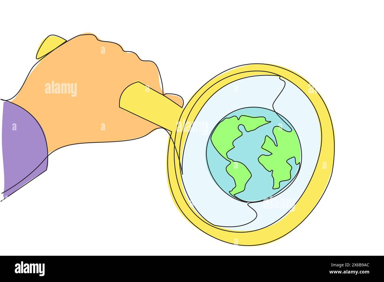 Il disegno continuo su una linea di una grande lente d'ingrandimento mette in risalto il globo. Tracciare un percorso per far crescere il business. Guarda attentamente per non essere stupido Illustrazione Vettoriale