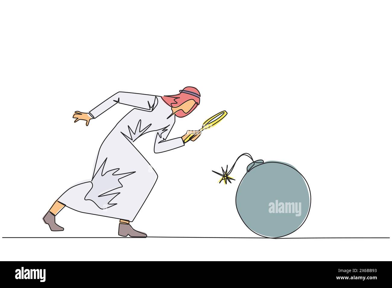 Linea singola continua disegnando un uomo d'affari arabo con lente d'ingrandimento guardare a una grande bomba con una miccia bruciata. Prevenire esplosioni come prevenire Illustrazione Vettoriale