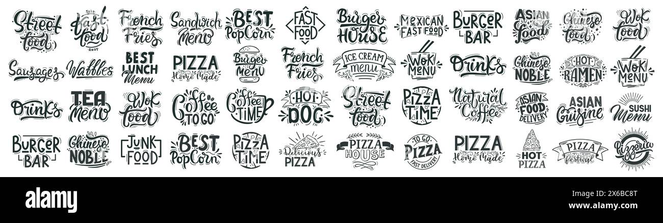 Grande scritta per fast food. Etichette disegnate a mano per bar, caffetterie che vendono pizza, ramen, waffle, popcorn, hamburger Illustrazione Vettoriale