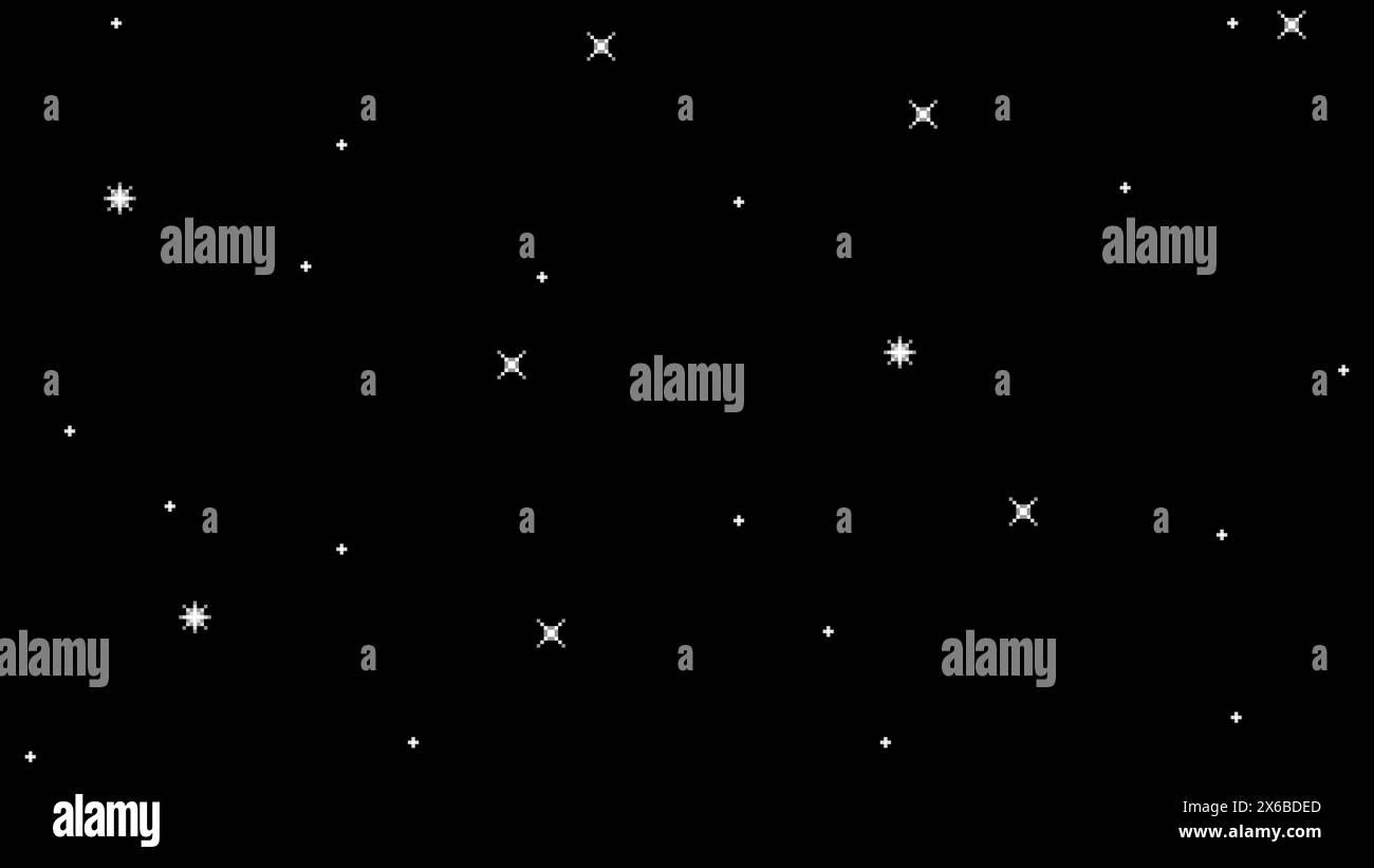 Sfondo cielo stellato pixel art. Sfondo notturno nero con stelle lucenti. Struttura a 8 bit nello spazio esterno. Sfondo cosmico vettoriale Illustrazione Vettoriale