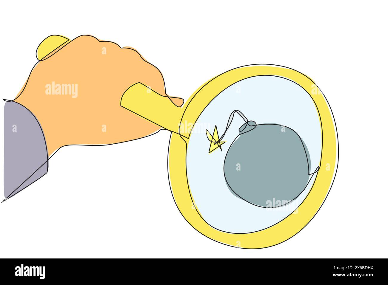 Una linea continua che disegna una grande mano tenendo in mano una lente d'ingrandimento che mette in evidenza la bomba con un fusibile bruciato. Concetto di mancanza di sicurezza può essere pericoloso per sur Illustrazione Vettoriale