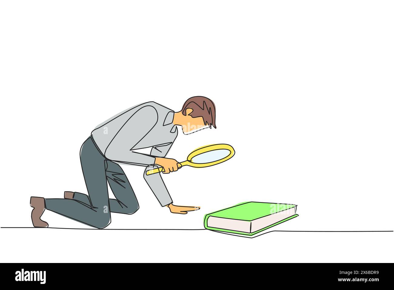 Un uomo d'affari con una sola linea che porta una lente d'ingrandimento che guarda un libro. Alla ricerca di conoscenze sul franchising da un libro di studio scientifico Illustrazione Vettoriale