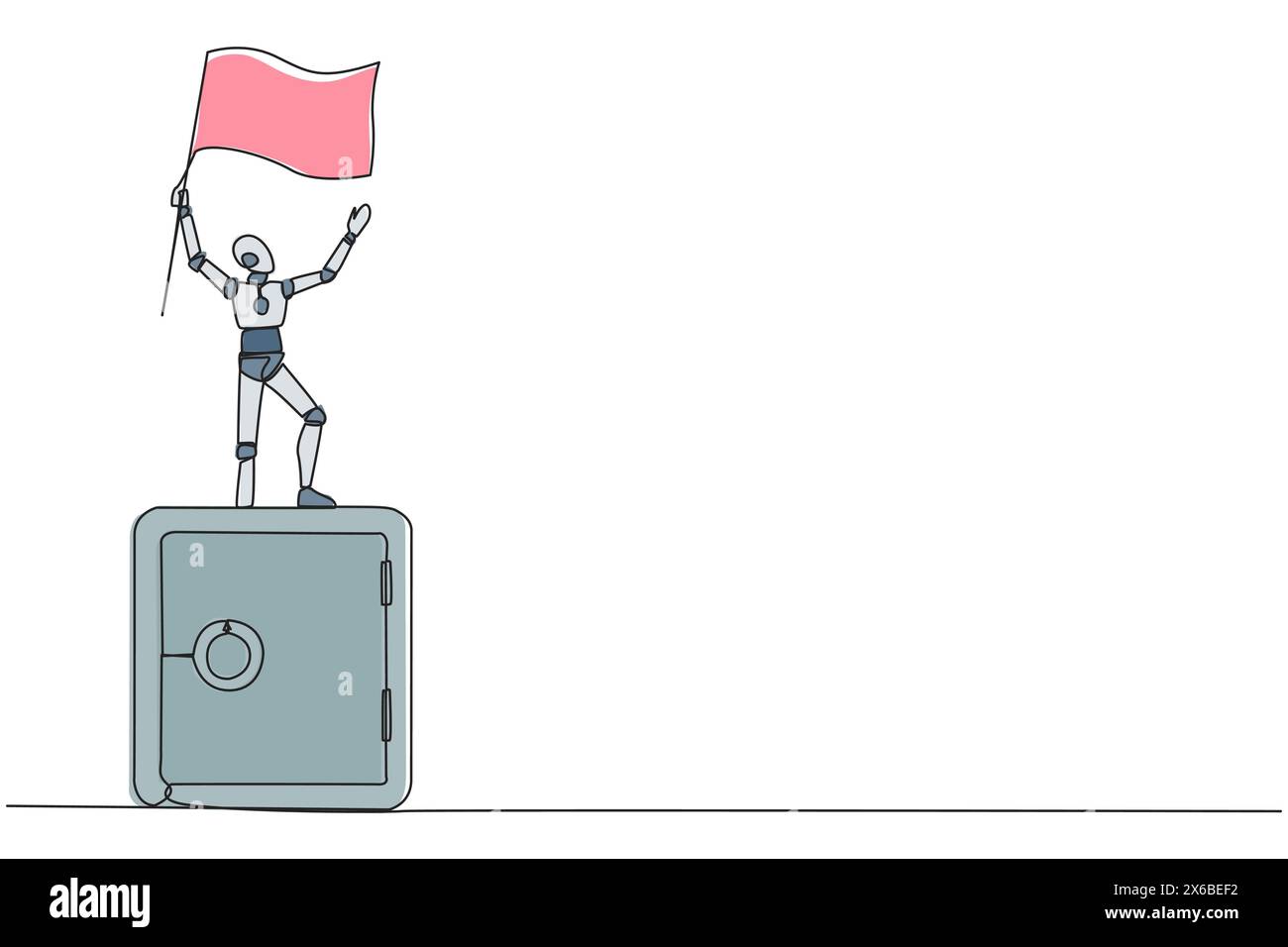 Disegno a linea singola continua di intelligenza artificiale robotica in piedi su una gigantesca cassetta di sicurezza che sventola la bandiera. Tecnologia del futuro. Apprendimento macchina Illustrazione Vettoriale