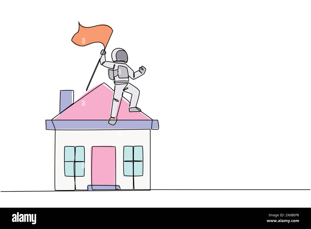 Linea continua che disegna un giovane e energico astronauta in piedi su una casa in miniatura con bandiera sventolante. I marziani finiscono di costruire la casa sul rosso Illustrazione Vettoriale