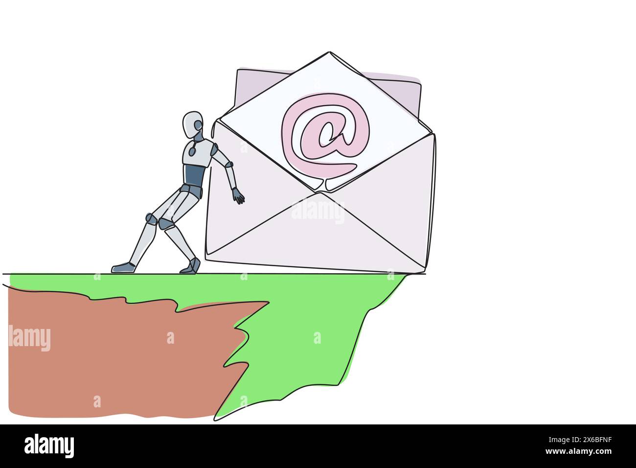 Il robot di disegno continuo su una linea spinge verso il basso un'icona di posta elettronica grande con la parte posteriore dal bordo della scogliera. Gettate via e-mail di spam in fondo a Steep c Illustrazione Vettoriale