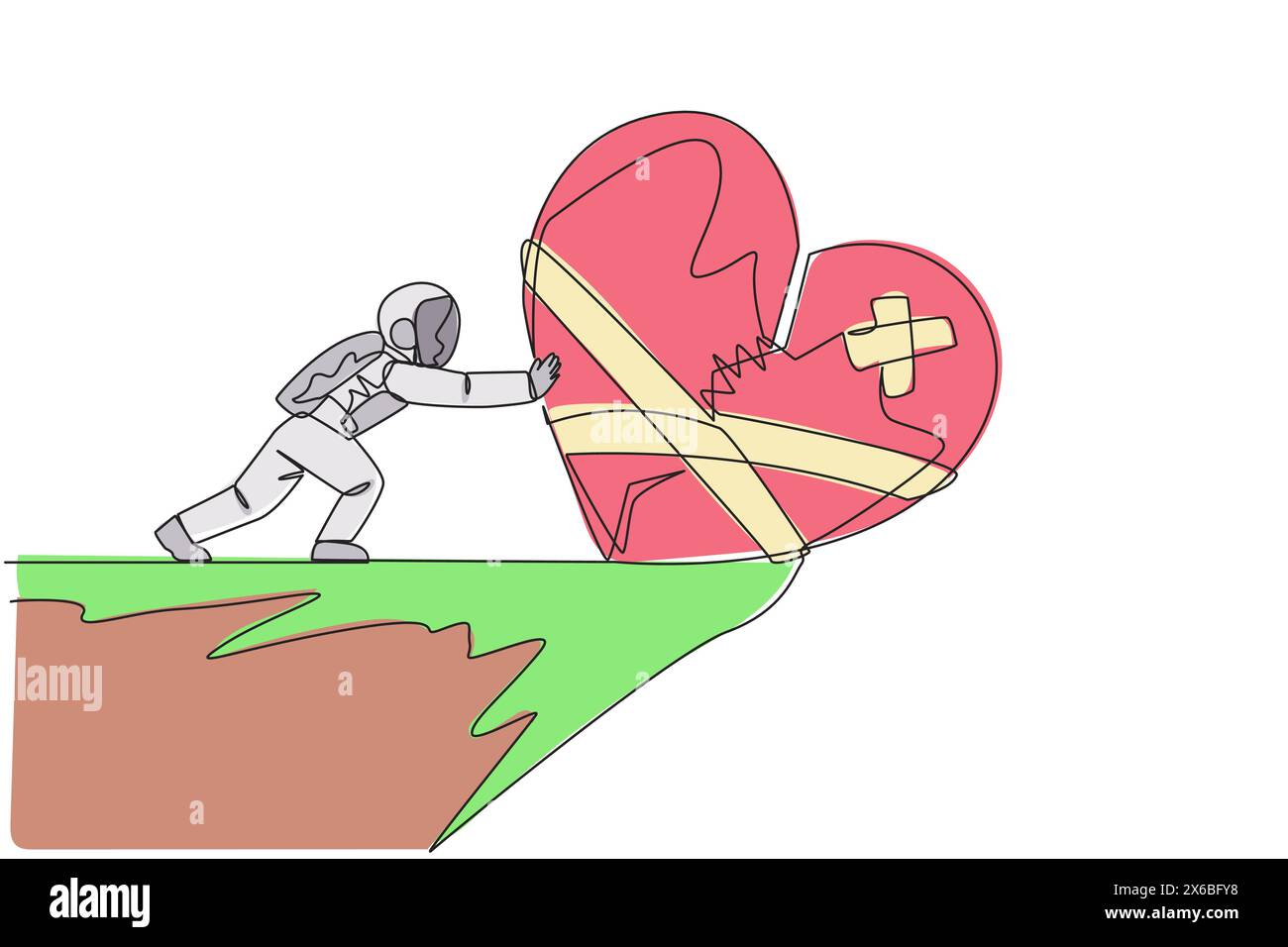 Un astronauta a linea continua che spinge il cuore spezzato dal bordo dell'abisso. Indipendentemente dalle lesioni, il lavoro di squadra è fondamentale durante Excedit Illustrazione Vettoriale
