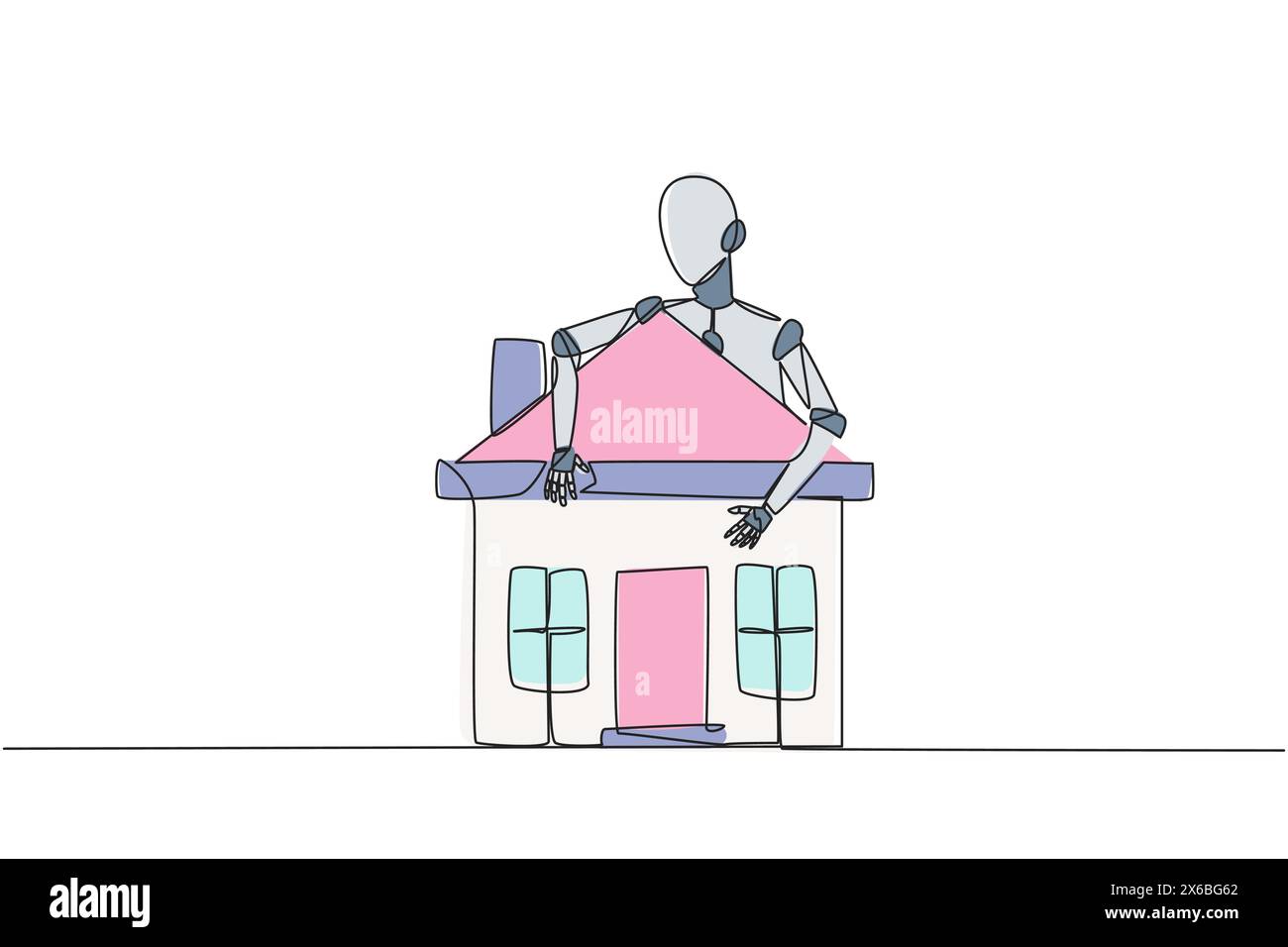Robot con disegno a linea continua singola che abbraccia una casa in miniatura. La sua intelligenza artificiale è in grado di costruire rapidamente case in miniatura. Tecnologia del futuro Illustrazione Vettoriale