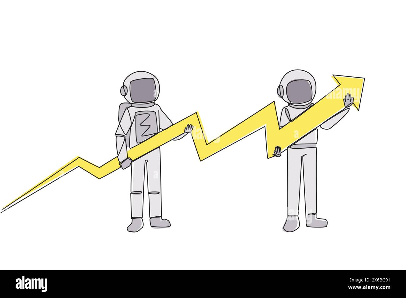 Una sola linea che disegna due astronauti con un grafico a freccia di medie dimensioni le cui estremità sono aumentate. Lavoro di squadra di Spaceman. Galassia cosmica nello spazio profondo. Co Illustrazione Vettoriale