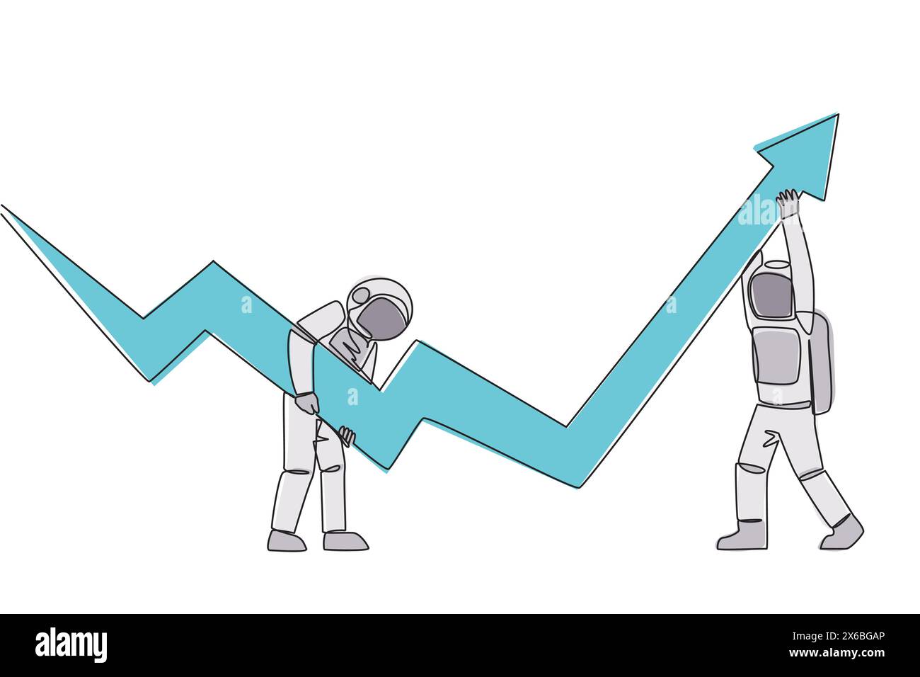 Una sola linea che disegna due astronauti con un grande grafico a freccia. Con il loro lavoro di squadra sperano che il grafico sia sempre in condizioni crescenti. C Illustrazione Vettoriale