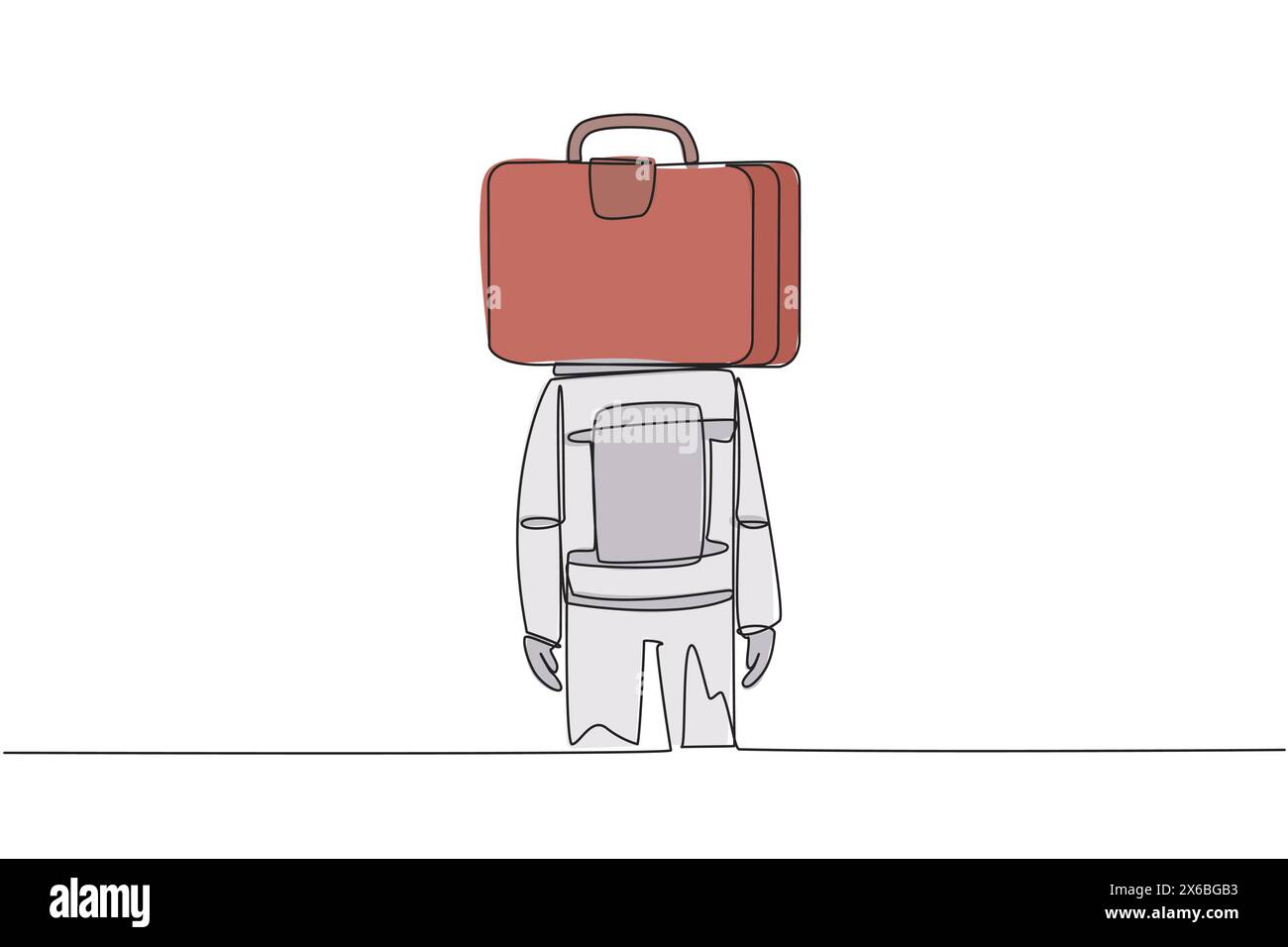Linea singola continua che disegna un giovane astronauta con valigetta invece della testa, in piedi rivolti in avanti. Pensa sempre alla spedizione sulla superficie lunare. GA Illustrazione Vettoriale