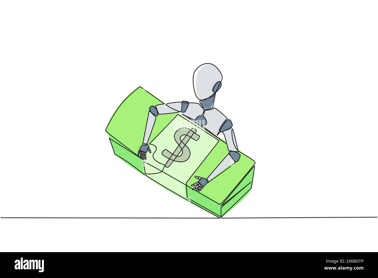 Una sola linea disegna robotica abbracciando una pila di banconote. La scansione automatica impedisce l'uso improprio di denaro. Tecnologia di intelligenza artificiale del futuro conc Illustrazione Vettoriale