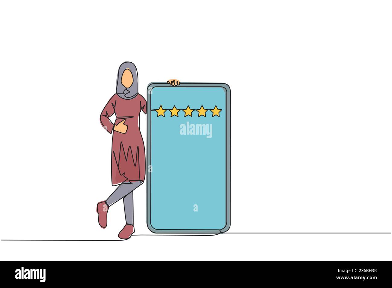 Una sola linea che disegna una giovane donna araba felice si trova casualmente accanto a un grande smartphone, mentre l'altra mano dà un gesto con il pollice in alto. Fornire la revisione cinque Illustrazione Vettoriale