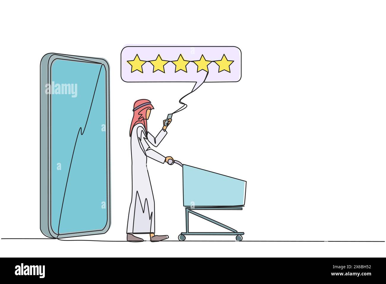 Una sola linea che disegnava Happy Arabian man uscì da un grande smartphone mentre spingeva un carrello della spesa. Recensione di cinque stelle. Commercio elettronico. Revie Illustrazione Vettoriale