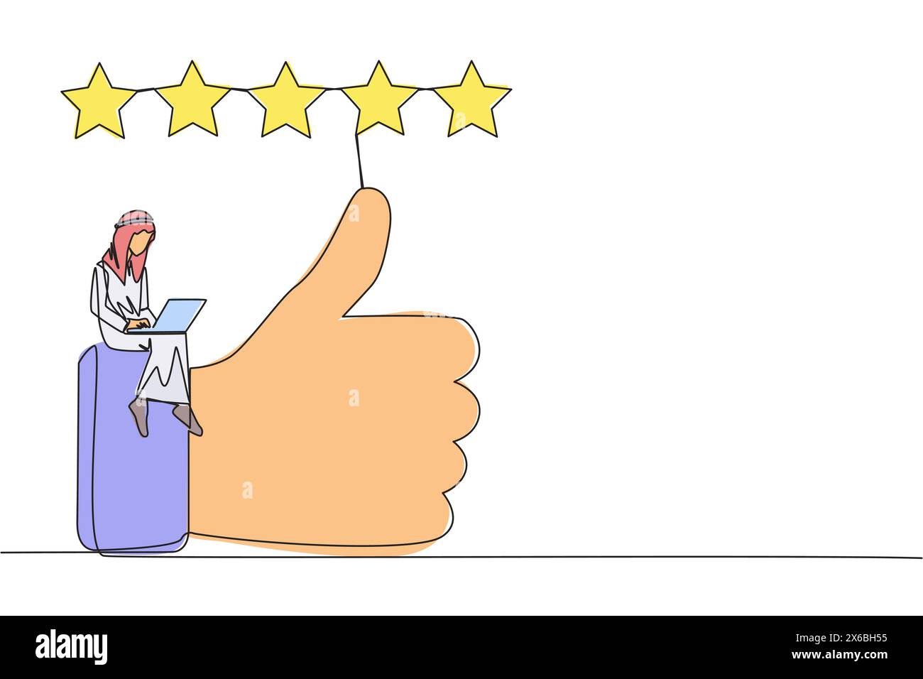 Linea singola continua che disegna un giovane arabo sorridente seduto sui pollici per scrivere sul laptop. Felice uomo arabo soddisfatto che dà 5 stelle d'oro. Onlin Illustrazione Vettoriale