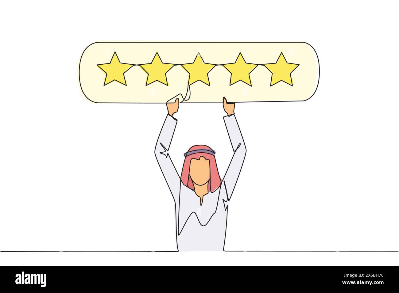 Una linea continua che disegna un giovane uomo arabo che tiene un tabellone di valutazione che contiene 5 stelle. Classificazione a stelle. Revisione positiva. Shopping online con Give 5 r Illustrazione Vettoriale