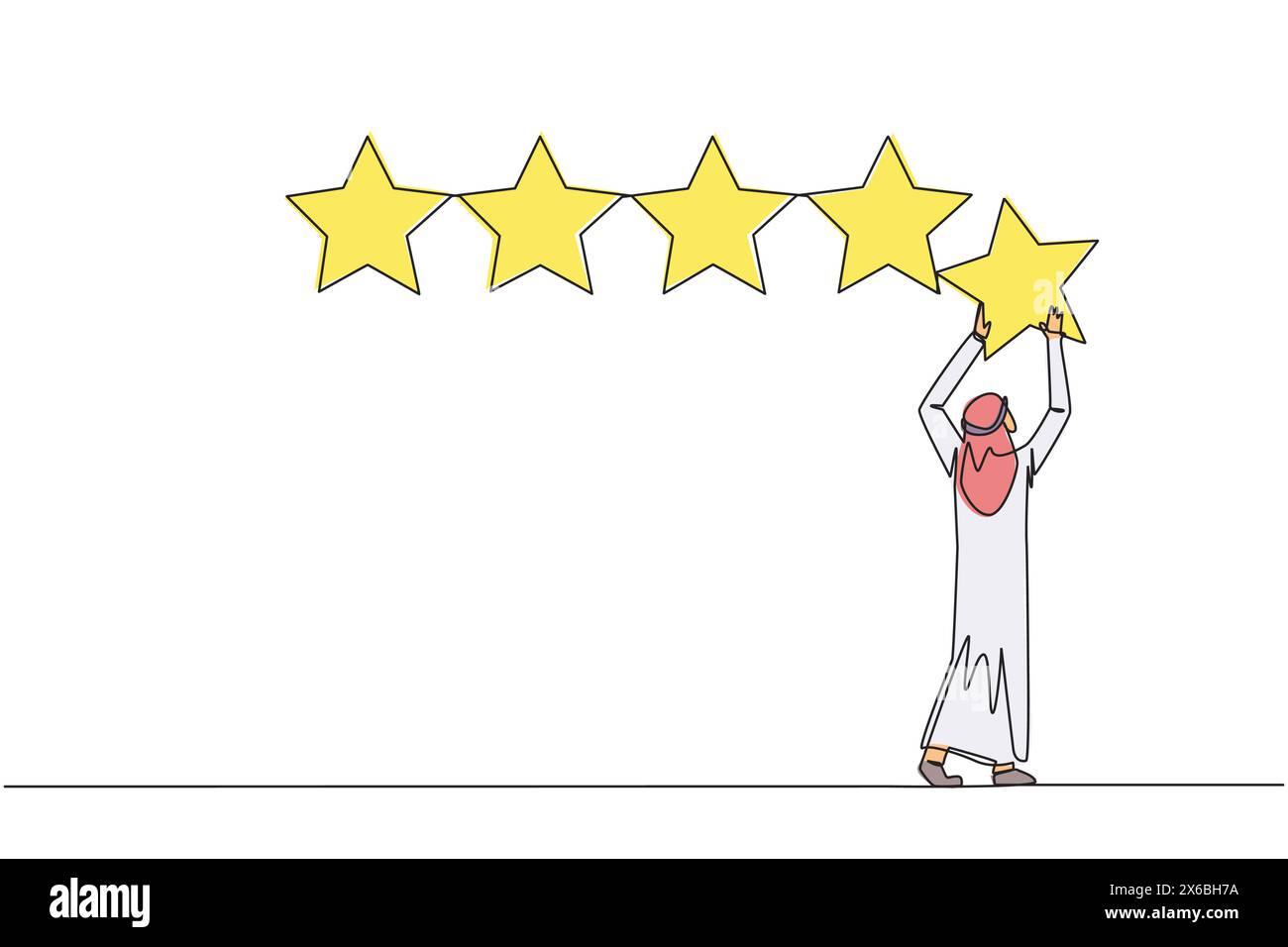 Linea singola continua che disegna un giovane arabo che regge una stella con entrambe le mani e la incolla per formare 5 stelle di fila. Fornisci la migliore recensione. O Illustrazione Vettoriale