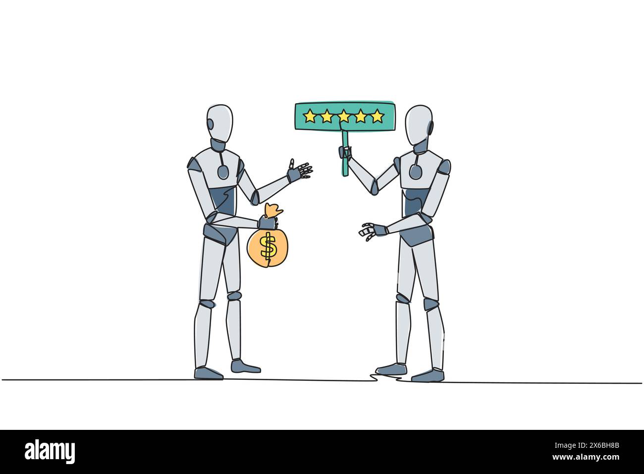 Una sola linea disegna due robot in piedi l'uno di fronte all'altro. Uno porta la borsa dei soldi, l'altro porta la classifica con 5 stelle. Comprare e vendere Illustrazione Vettoriale