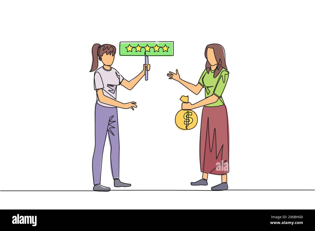 Una linea continua che disegna due donne in piedi l'una di fronte all'altra. Una donna porta la borsa dei soldi, l'altra porta la classifica con 5 stelle. Compra e vendi Illustrazione Vettoriale