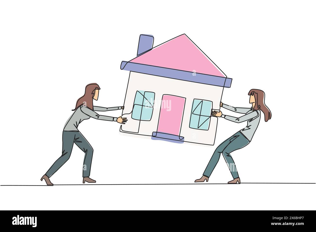 Una sola linea che attira due donne d'affari emozionali che lottano per la casa in miniatura. Il concetto di lottare per una casa lussuosa che vogliono davvero Illustrazione Vettoriale