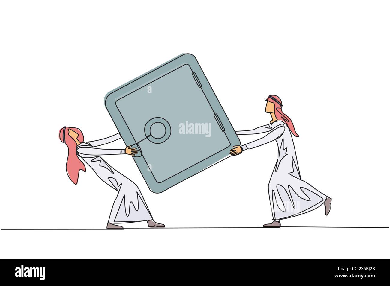 Una linea continua che attira due uomini d'affari arabi che lottano per una cassetta di sicurezza. Lottare per un luogo sicuro in cui memorizzare dati importanti. Uomo d'affari Confli Illustrazione Vettoriale Una linea continua che attira due uomini d'affari arabi che lottano per una cassetta di sicurezza. Lottare per un luogo sicuro in cui memorizzare dati importanti. Uomo d'affari Confli Illustrazione Vettoriale