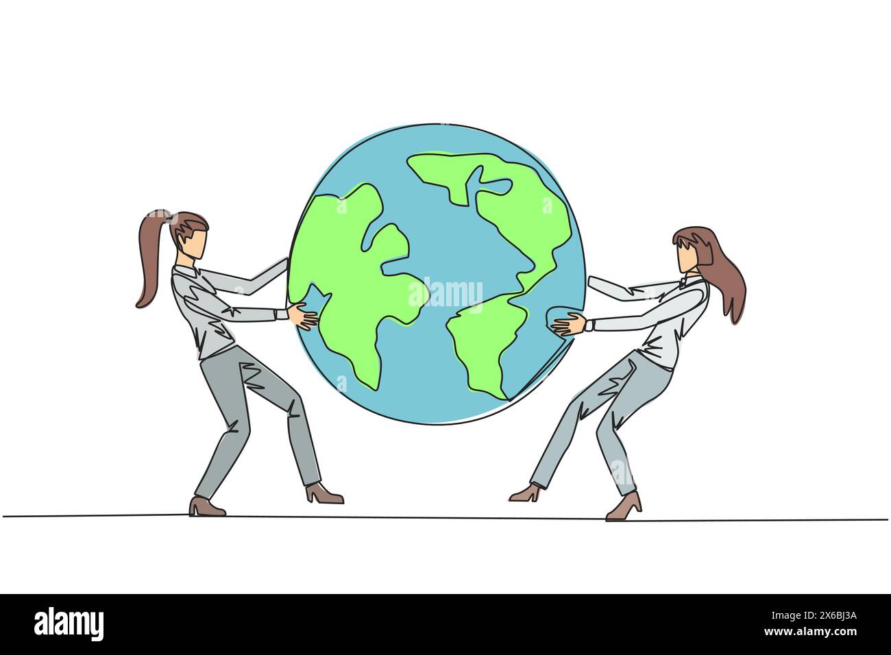 Una linea continua che attira due donne d'affari forti che combattono per il mondo. Combattimenti per l'area che sarà l'obiettivo dell'espansione delle vendite. Aggre Illustrazione Vettoriale