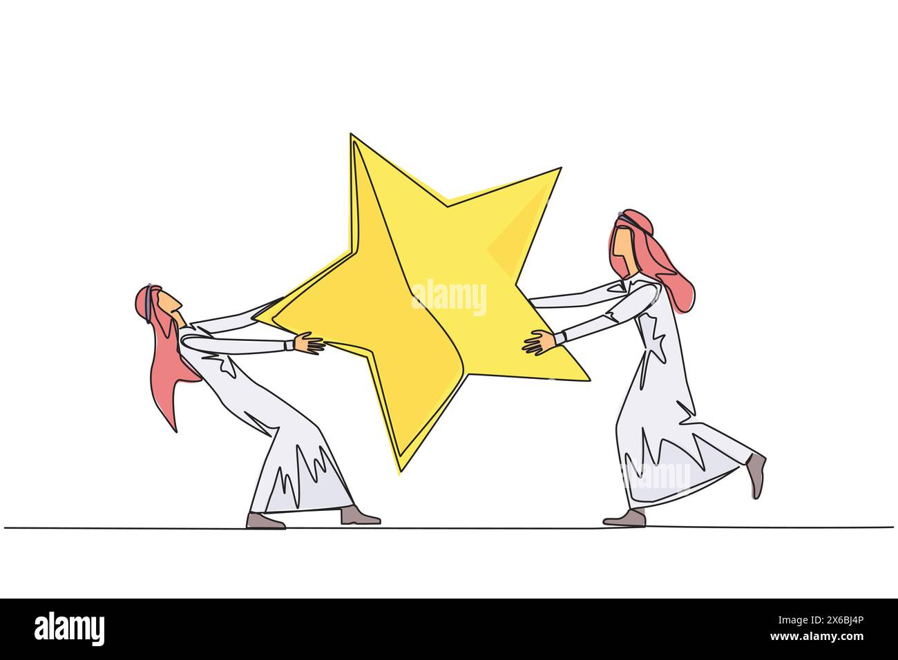 Linea singola continua che disegna due uomini d'affari arabi arrabbiati che lottano per la stella. Concetto di lotta per dipendenti brillanti per il progresso di t Illustrazione Vettoriale