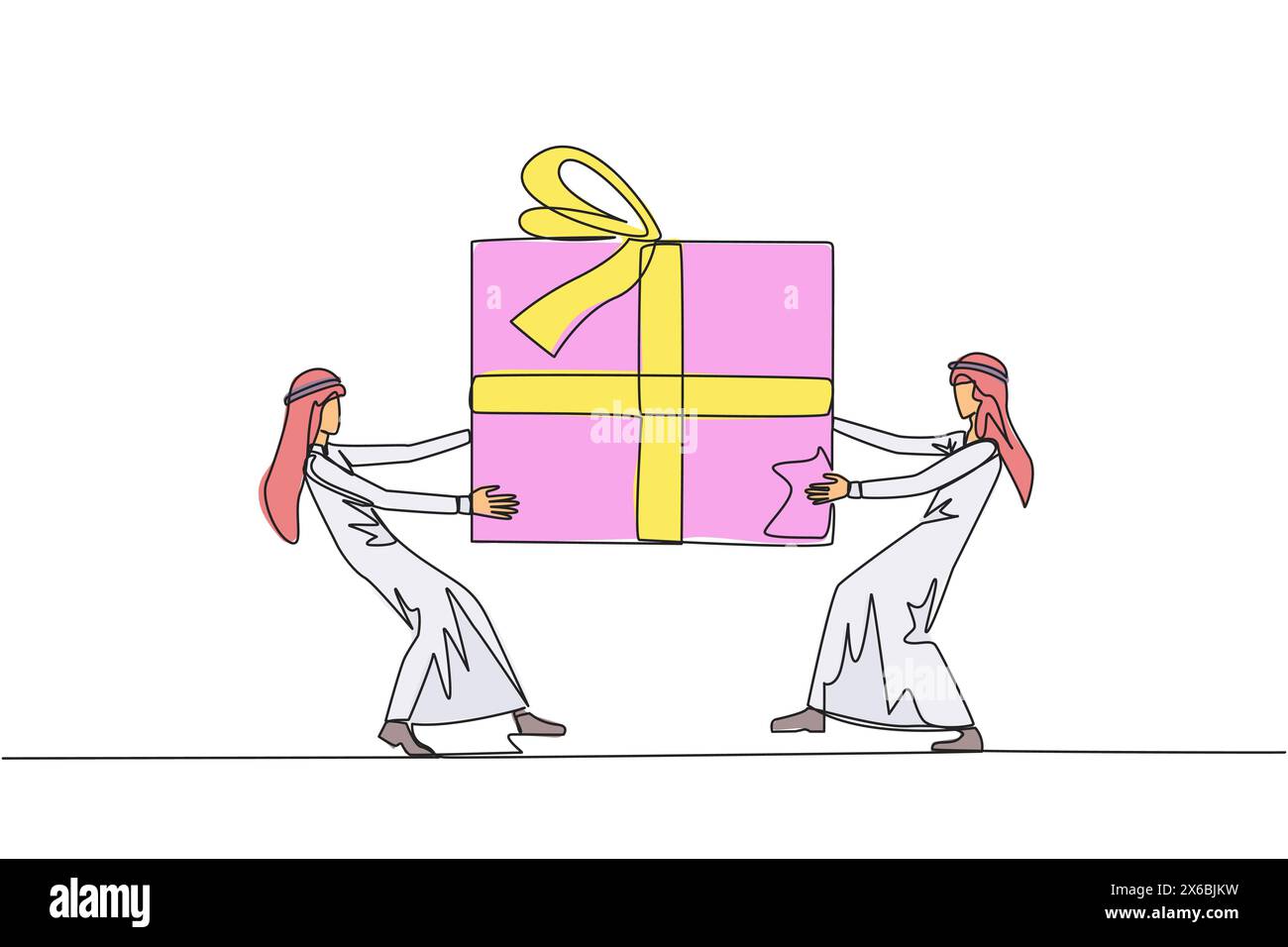 Linea continua che attira due uomini d'affari arabi professionisti che lottano per una confezione regalo. Gli imprenditori contro l'inquinamento ambientale lottano per la maggior parte Illustrazione Vettoriale