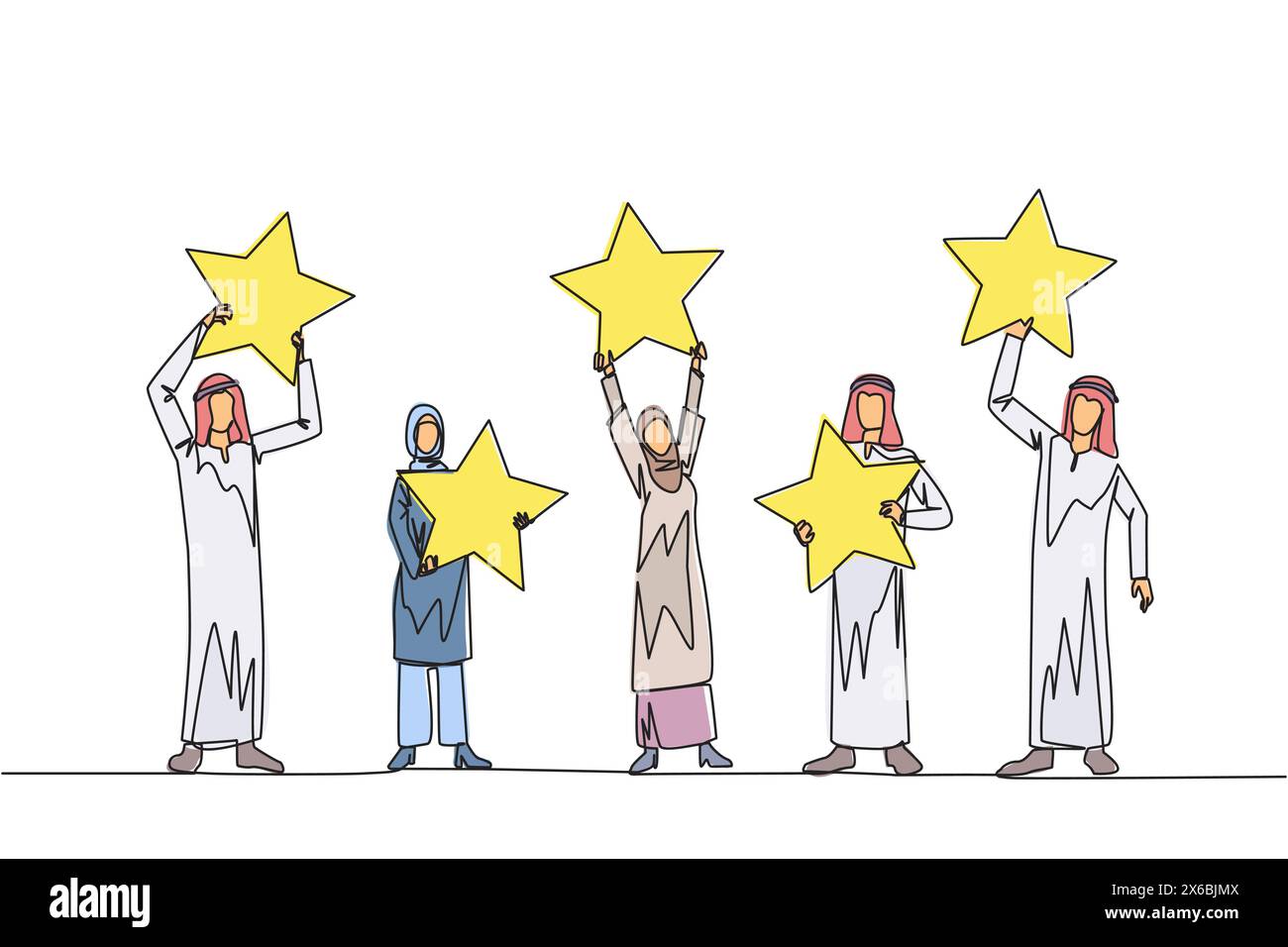 Un unico gruppo di disegno a linea continua di tre uomini arabi e due donne arabe alzarono le loro rispettive stelle. Fornire un feedback positivo e la migliore Illustrazione Vettoriale