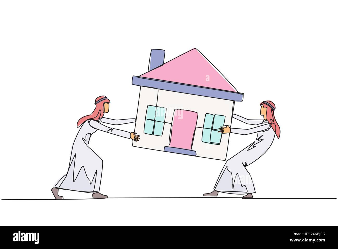 Una linea continua che disegna due affezionati uomini d'affari arabi che lottano per una casa in miniatura. Concetto di lottare per una casa lussuosa che davvero Illustrazione Vettoriale
