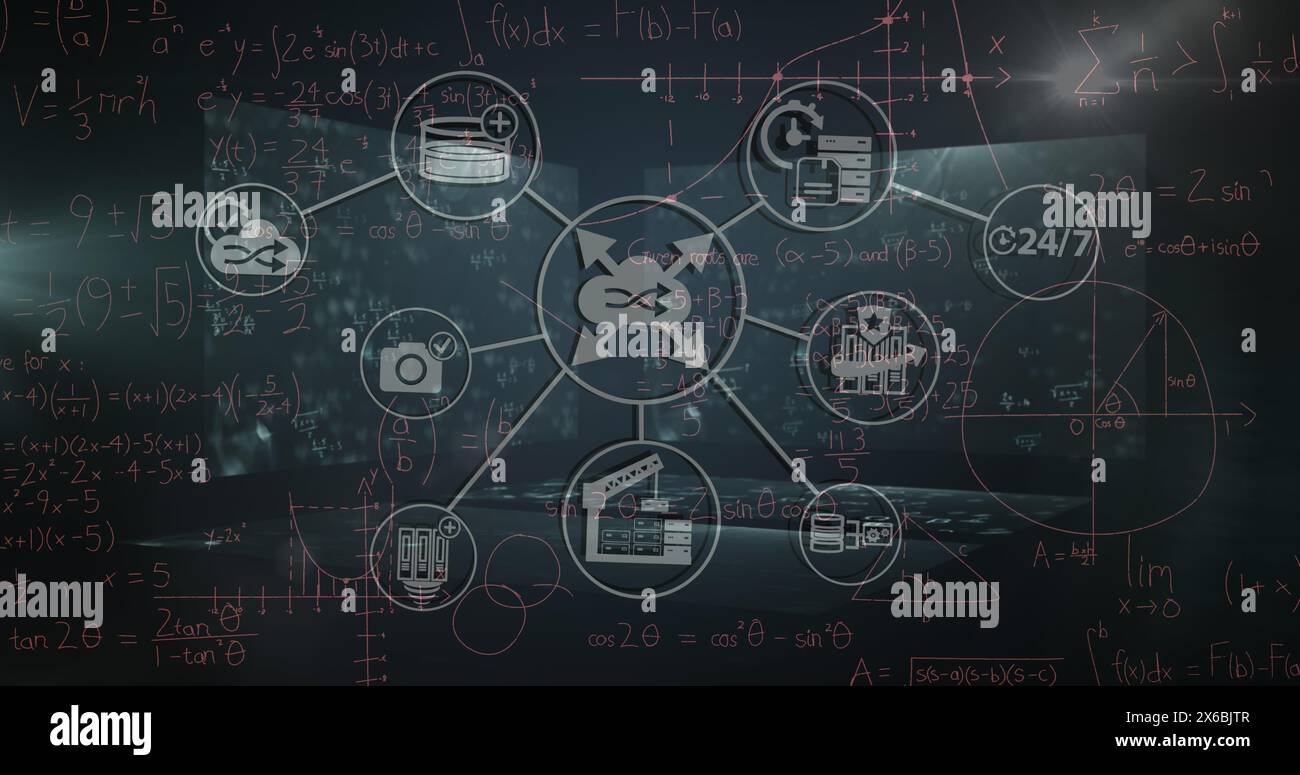 Immagine della rete di connessioni con icone su equazioni matematiche su sfondo nero Foto Stock