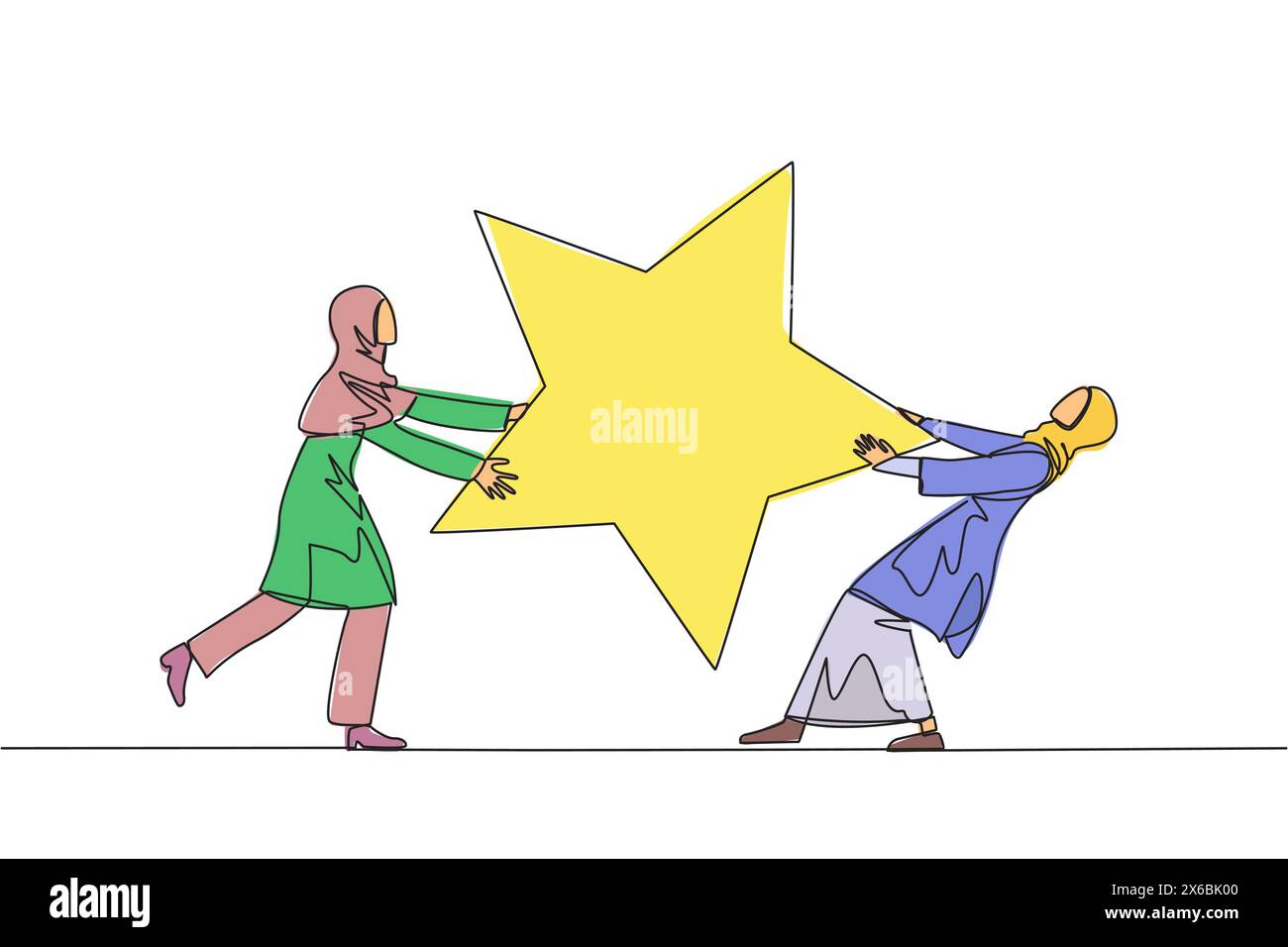 Una linea continua che disegna due donne d'affari arabe arrabbiate che lottano per star. Concetto di lotta per dipendenti brillanti per il progresso del co Illustrazione Vettoriale