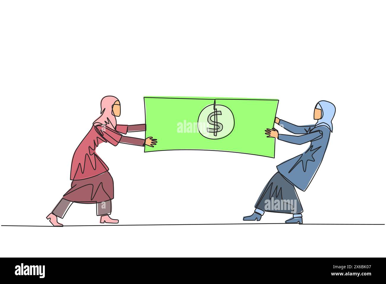 Una sola linea che disegna due donne d'affari arabe che lottano per le banconote. Lotta per il capitale fornito dal governo a imprenditori selezionati Illustrazione Vettoriale