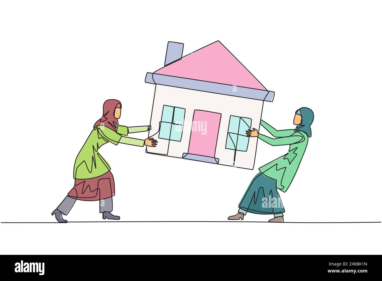 Una sola linea che disegna due emozionanti donne d'affari arabe che lottano per una casa in miniatura. Concetto di lottare per una casa lussuosa che vogliono davvero Illustrazione Vettoriale