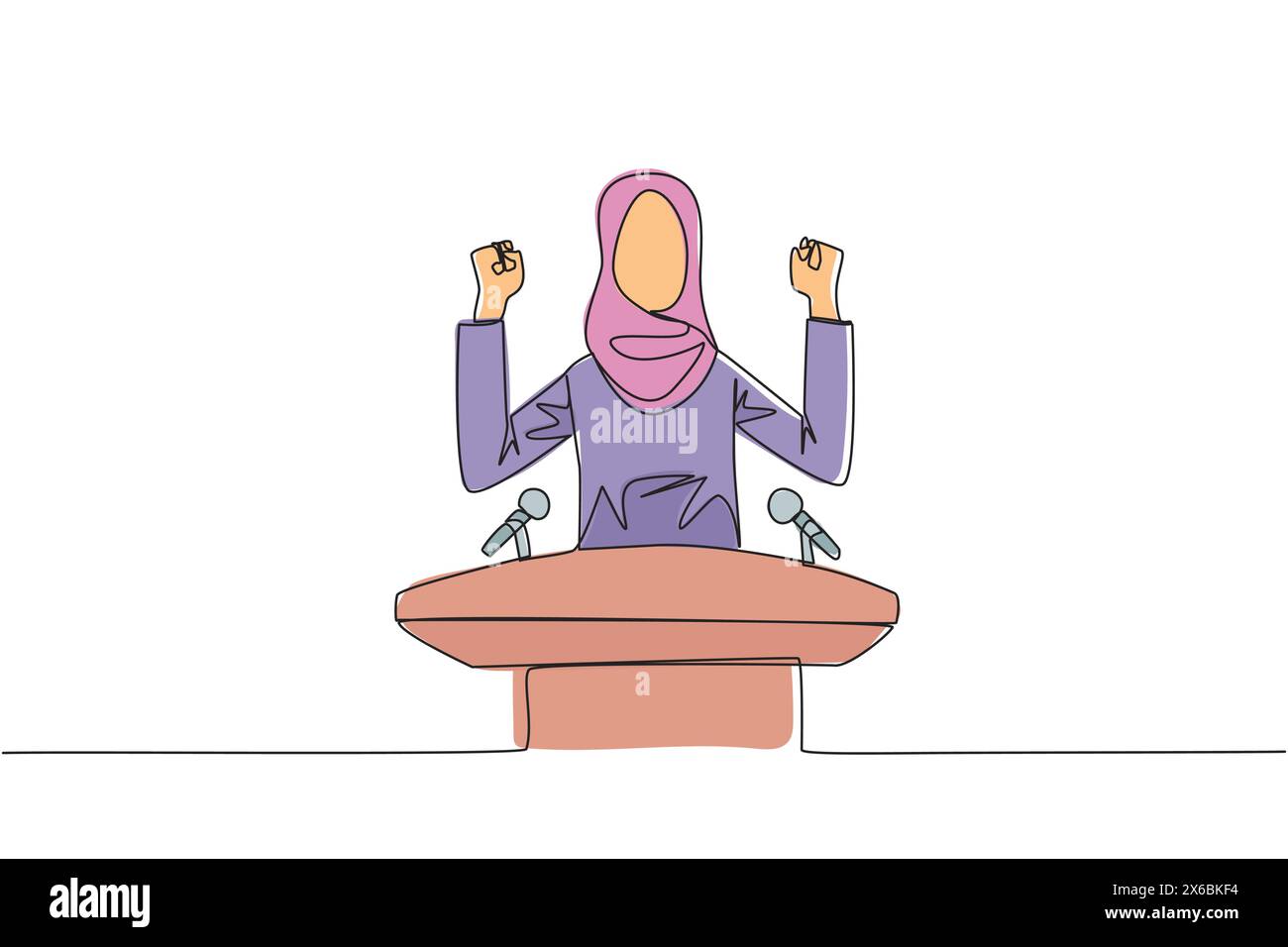 Una sola linea che attira la giovane donna d'affari araba che parla sul podio mentre alza e stringe entrambe le mani. Stile politico alla ricerca di nuovo Illustrazione Vettoriale
