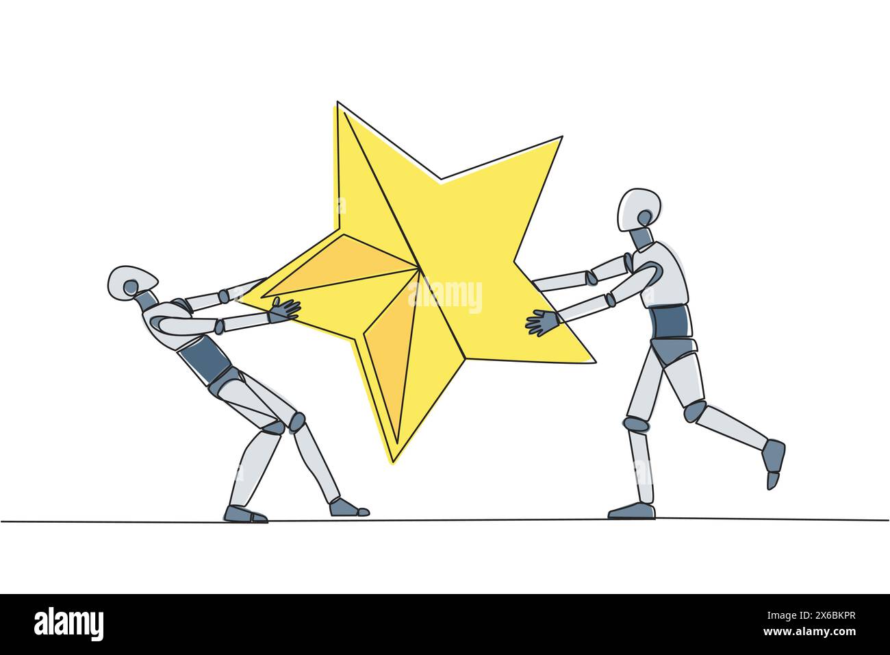 Linea continua singola che disegna due robot arrabbiati che combattono per la stella. Il concetto di lottare per dipendenti brillanti per il progresso dell'azienda Illustrazione Vettoriale