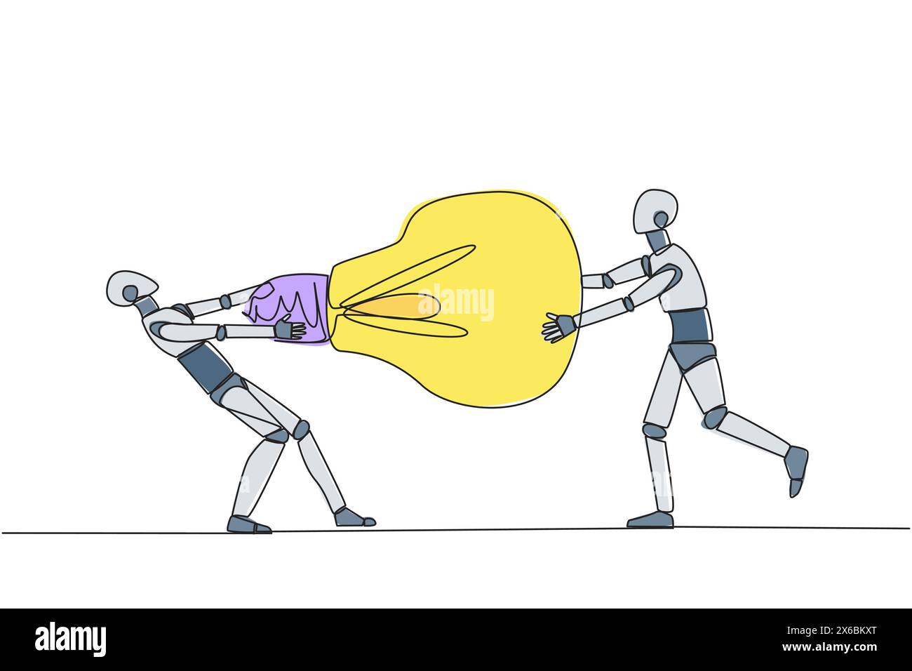 Linea continua singola che disegna due robot arrabbiati che combattono per la lampadina. Entrambi differivano, sentendosi più a destra. Robot emotivo. Contro. Conflitto Illustrazione Vettoriale