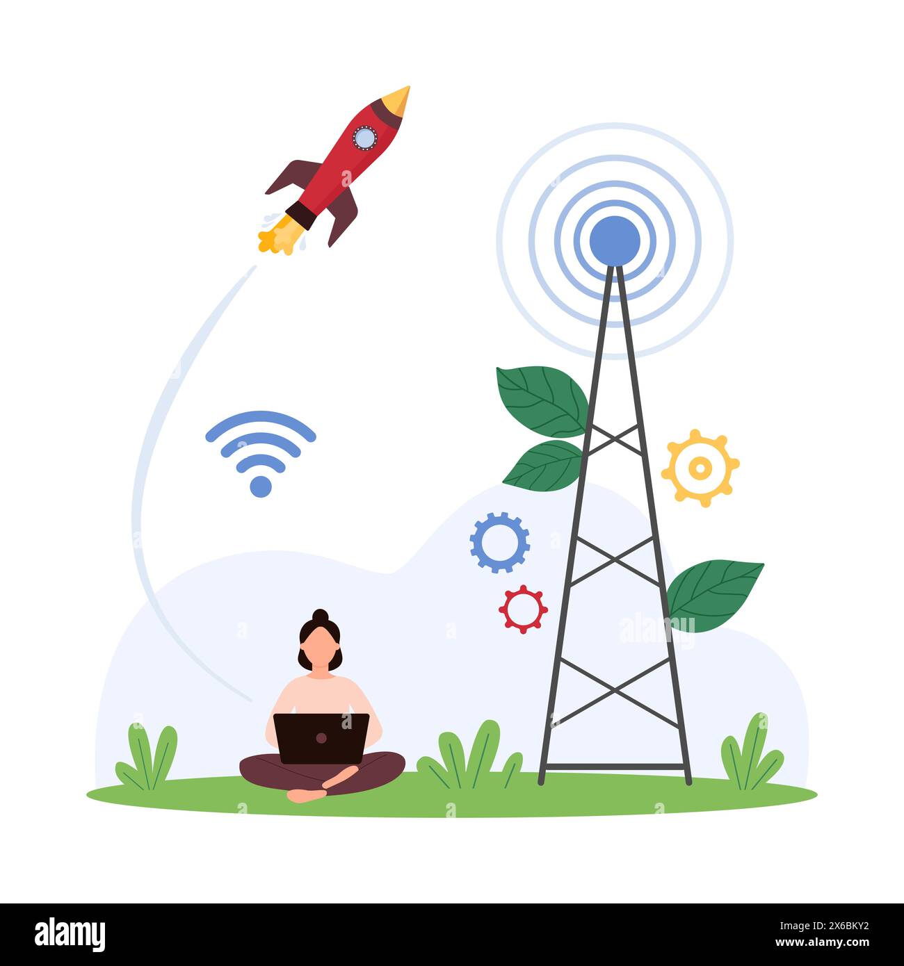 Aumento del segnale Internet ad alta velocità, connessione di rete wireless. Piccola donna che lavora con un laptop per scaricare i dati nell'hotspot wi-fi, razzo che vola all'antenna di telecomunicazione illustrazione vettoriale del cartone animato Illustrazione Vettoriale