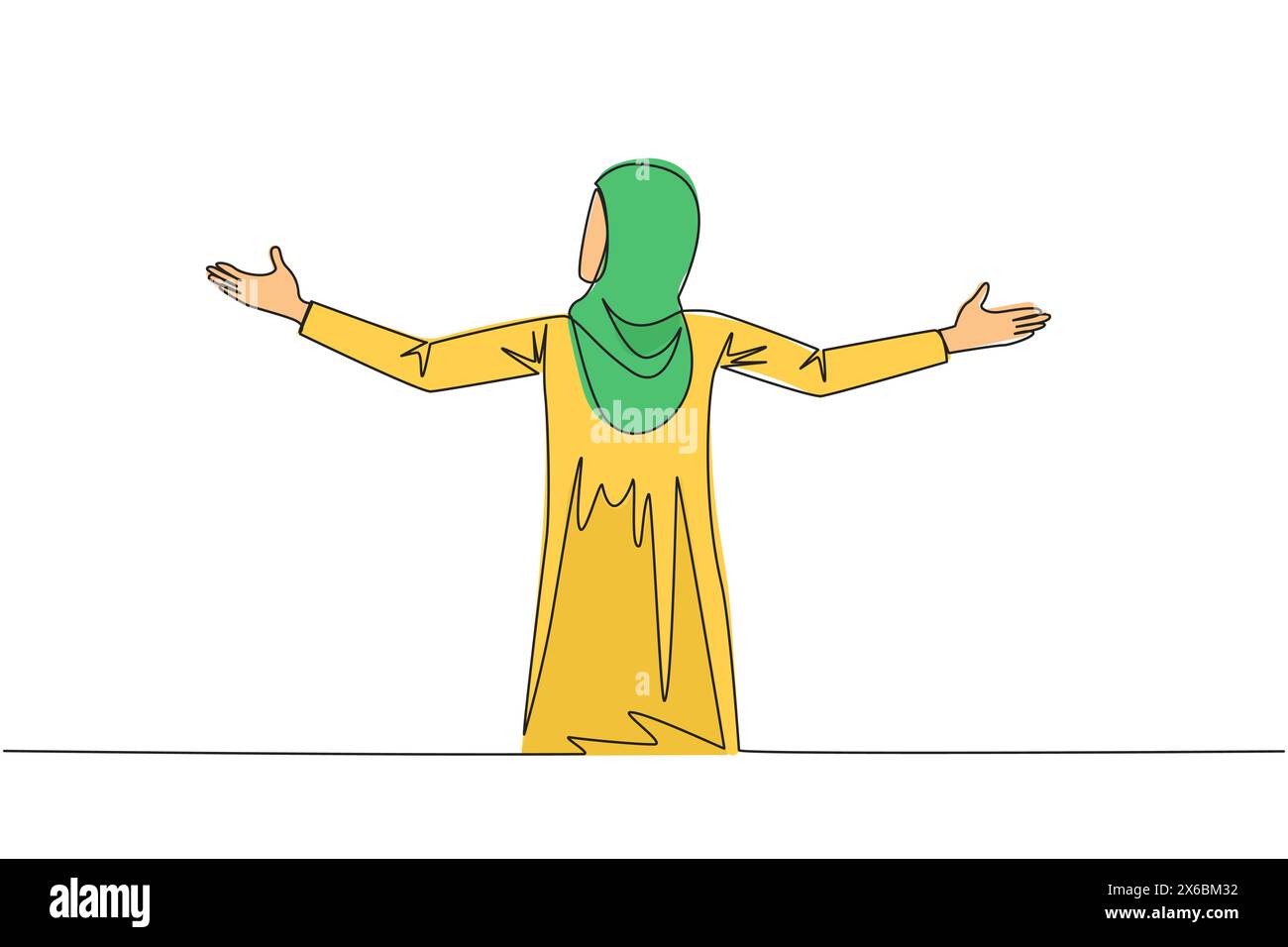 Linea continua che disegna la vista posteriore di una donna d'affari araba che parla sul podio mentre si apre la mano. Stile come motivatore di successo. Invita a increas Illustrazione Vettoriale