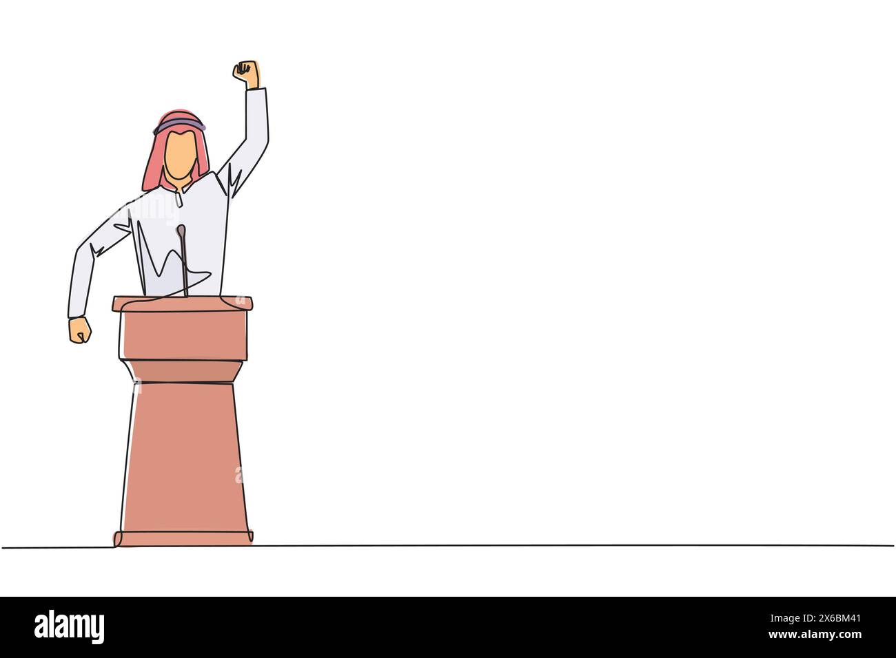 Un uomo d'affari arabo che continua a disegnare una linea parla sul podio stringendo pugni all'altezza della testa. Fare orazione. Concetto di leadership. Masterizzazione della spir Illustrazione Vettoriale