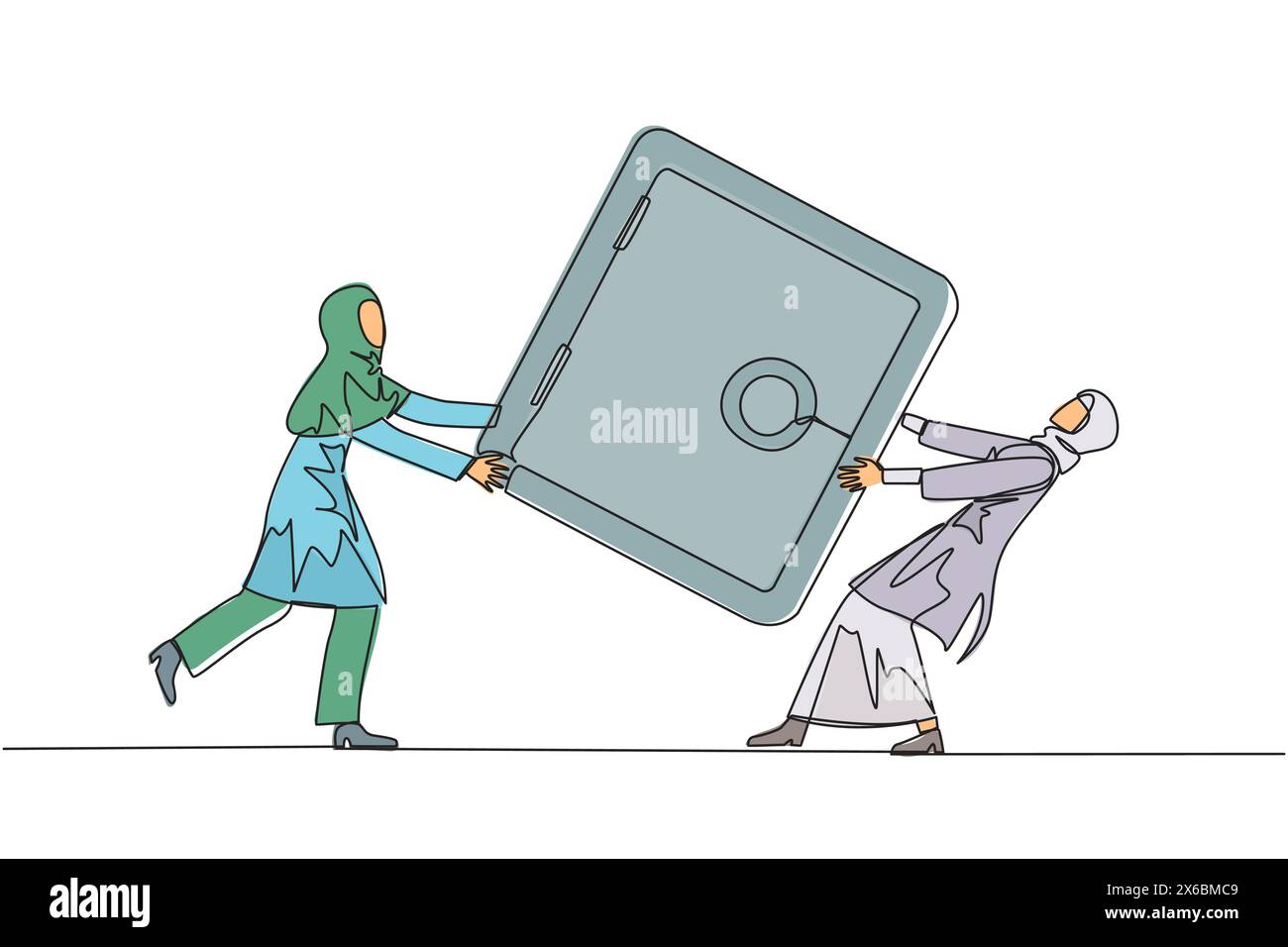 Linea singola continua che attira due donne d'affari arabe che lottano per una cassetta di sicurezza. Lottare per un luogo sicuro in cui memorizzare dati importanti. Donna d'affari Illustrazione Vettoriale Linea singola continua che attira due donne d'affari arabe che lottano per una cassetta di sicurezza. Lottare per un luogo sicuro in cui memorizzare dati importanti. Donna d'affari Illustrazione Vettoriale